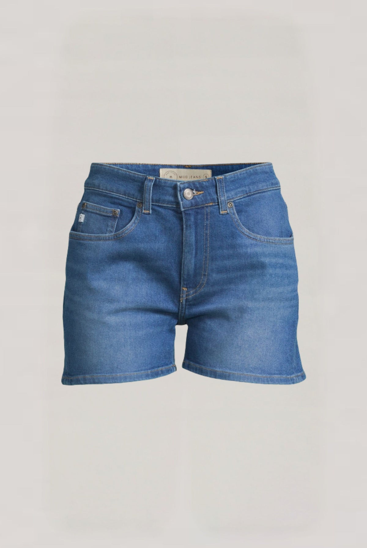 Casual blue denim shorts by MUD Jeans, featuring a classic five-pocket design and eco-friendly cotton fabric for sustainable wear.