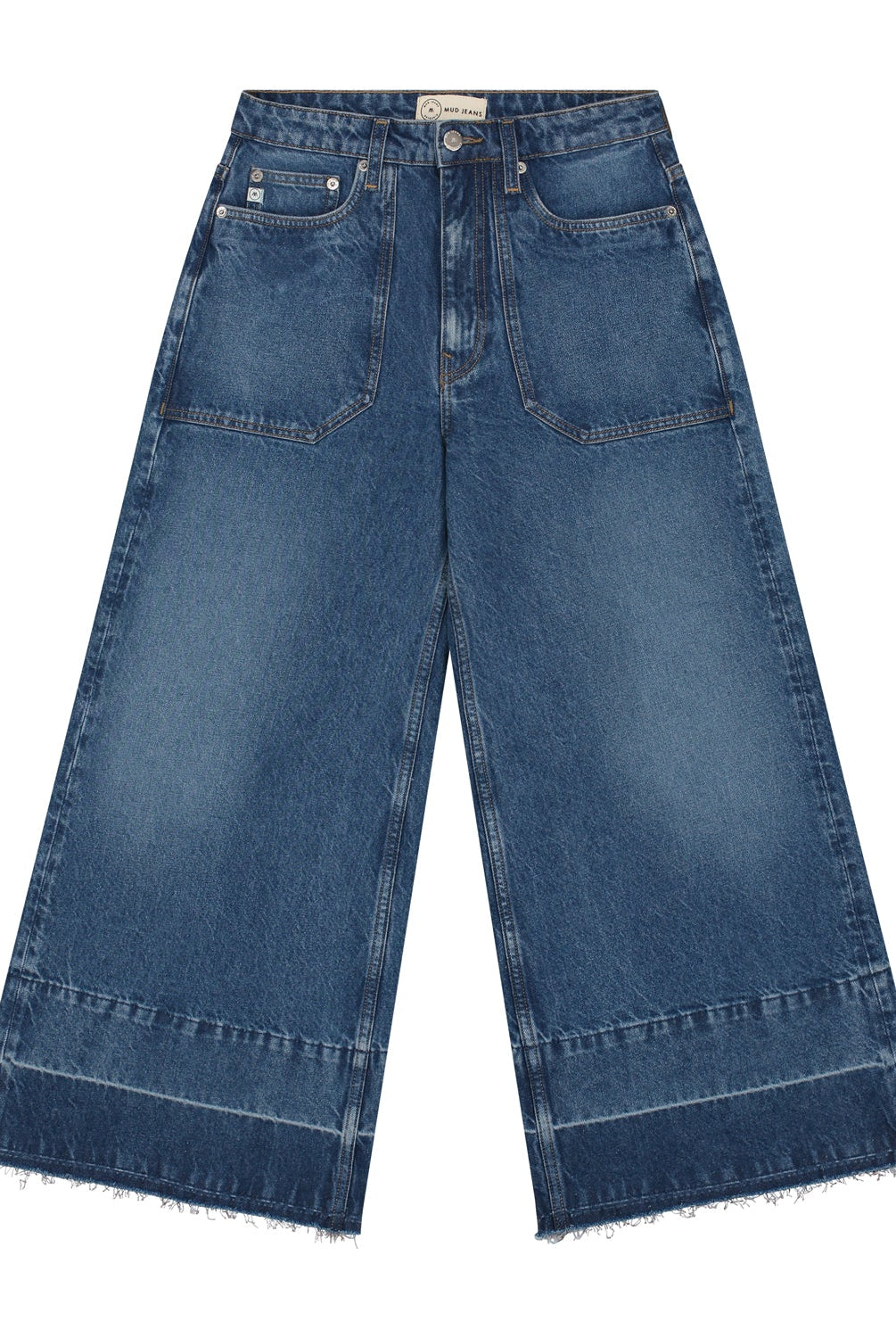 Wide-leg denim jeans featuring a faded blue wash and frayed hem, showcasing a vintage-inspired high-waisted design.
