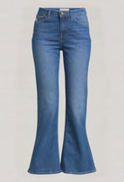 Flared blue denim jeans with high waist, showcasing a classic five-pocket design and an elegant wide-leg silhouette.