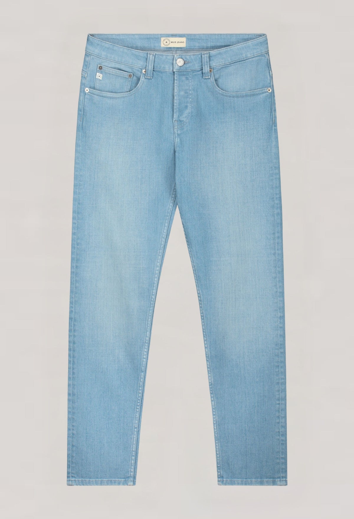 Sustainable MUD Jeans made from organic cotton, featuring classic blue denim in a regular fit with ethical production.