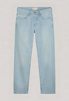 Sustainable MUD Jeans in light blue denim, crafted ethically from organic cotton, showcasing rear view with label detail.