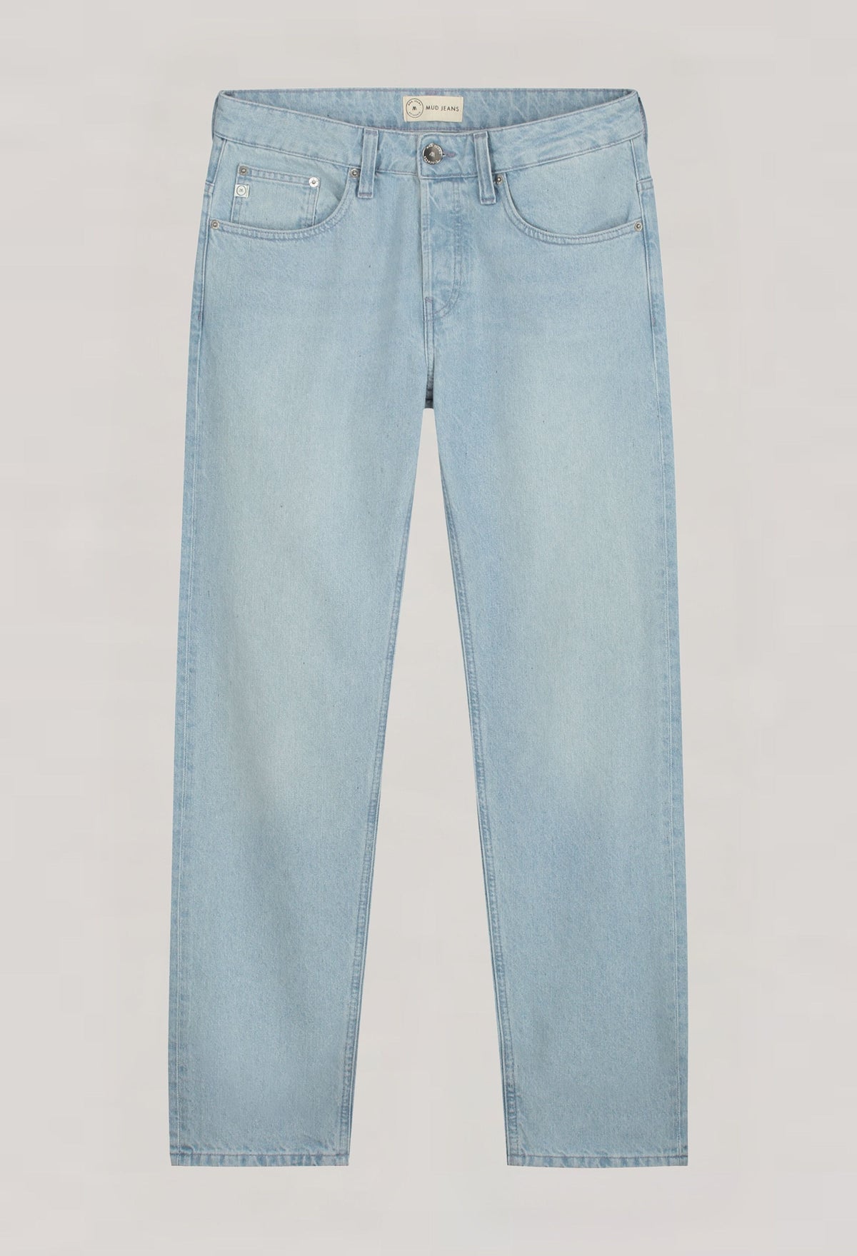 Sustainable MUD Jeans in light blue denim, crafted ethically from organic cotton, showcasing rear view with label detail.