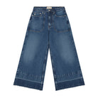 Wide-leg denim jeans featuring a faded blue wash and frayed hem, showcasing a vintage-inspired high-waisted design.
