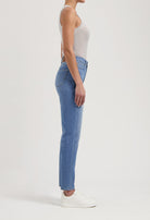 Woman wearing light blue slim-fit jeans paired with a gray sleeveless top, shown in a side profile against a plain background.